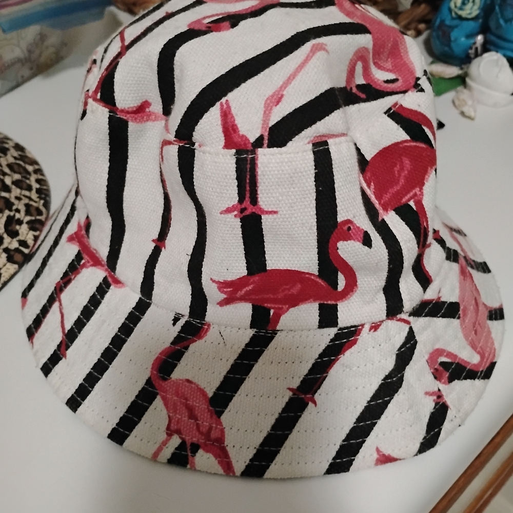 Flamingo Bucket Hat - Pink and Black Stripes